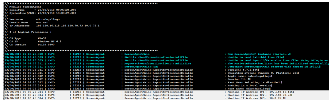 The contents of the ScreenAgentLog0.log file, showing the IP addresses of connected NICs.