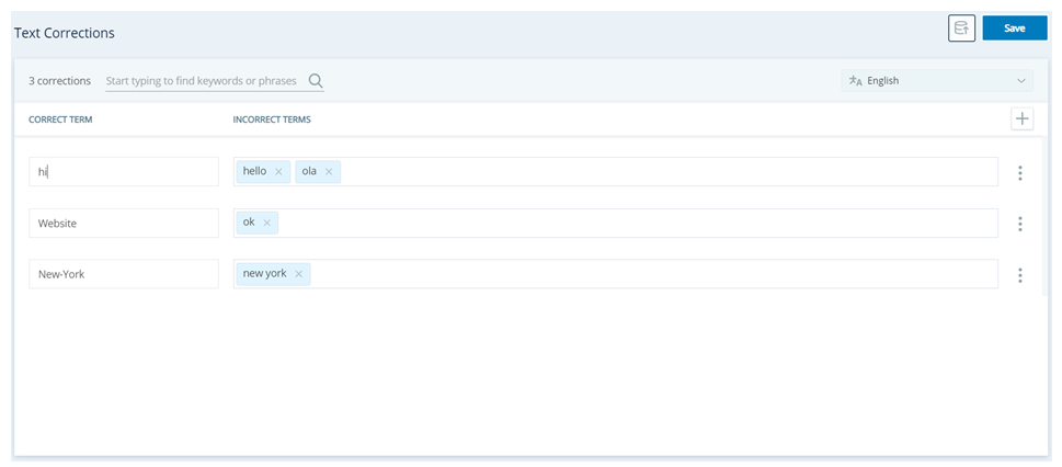 Screenshot of the Text Corrections screen
