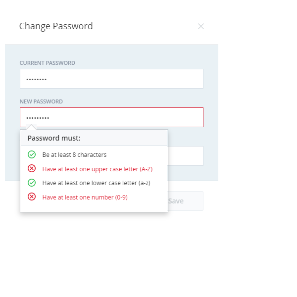 Change password window, showing password requirements in real-time.