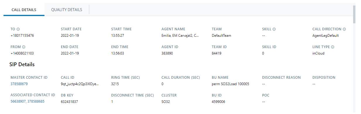 The details panel that appears when you click the row to expand an individual call. This image shows the Call Details tab.