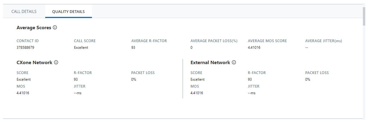 The details panel that appears when you click the down-arrow button to expand an individual call. This image shows the Quality Details tab.