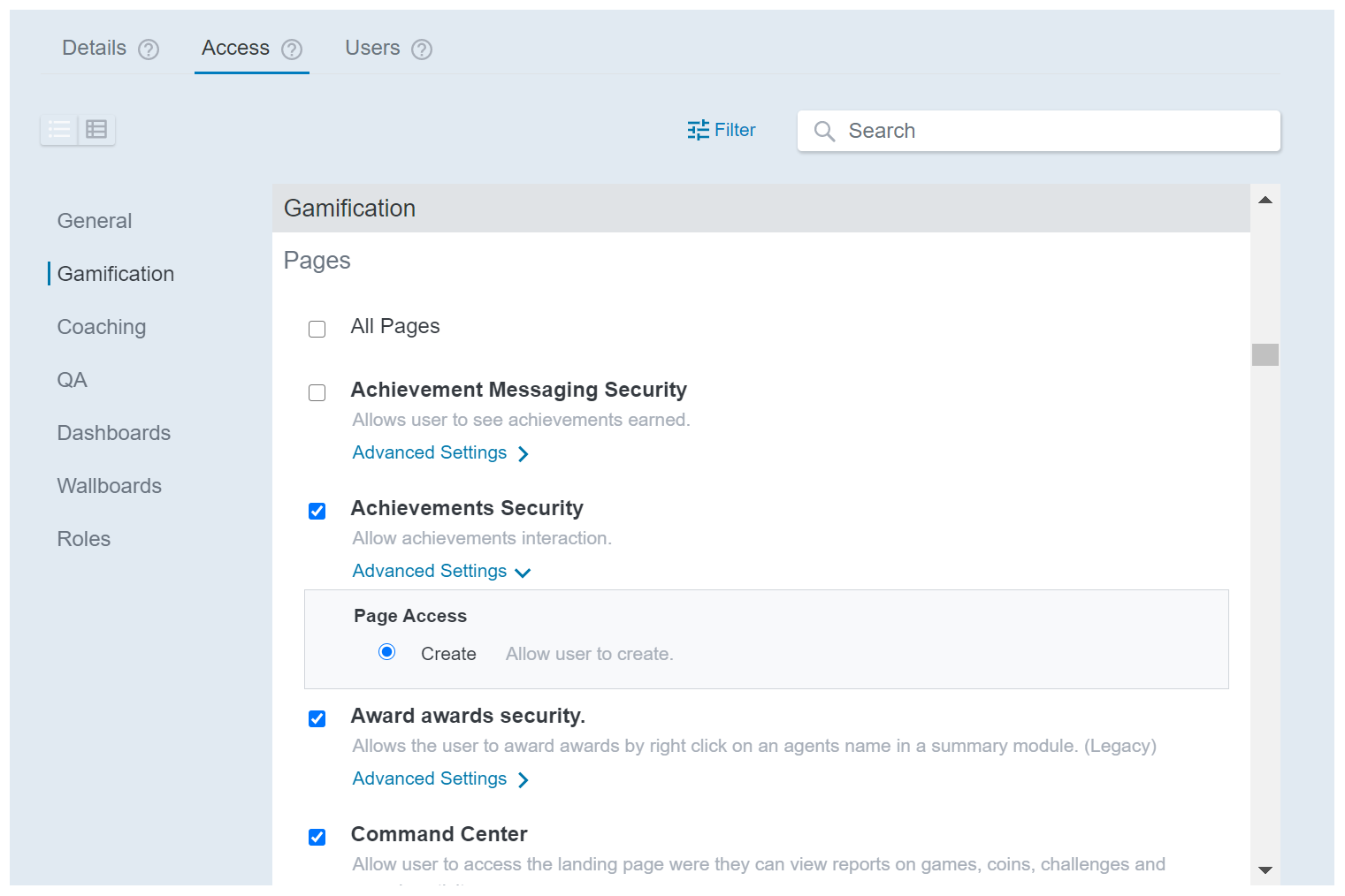 Image of the Access tab when viewed as a list of elements to configure.