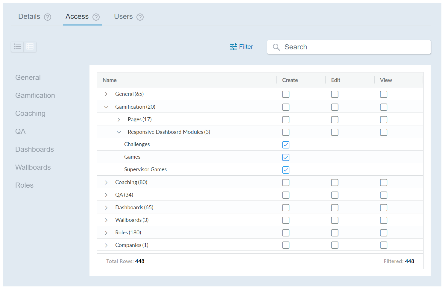 Image of the Access tab when viewed as a table of elements to configure.