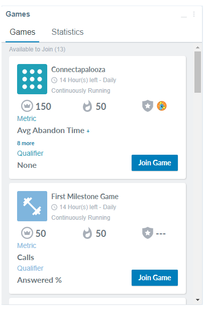 Screenshot of the Games tab in the Games Module, showing currently active games the user is eligible for.