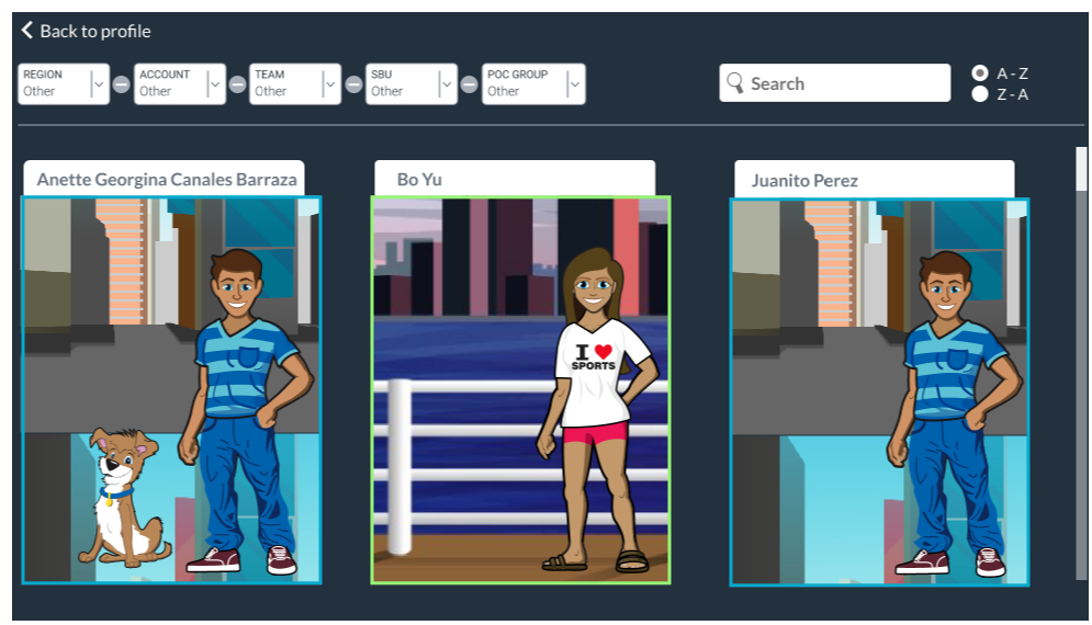 Screenshot of the avatar gallery, which displays the avatars of your teammates.