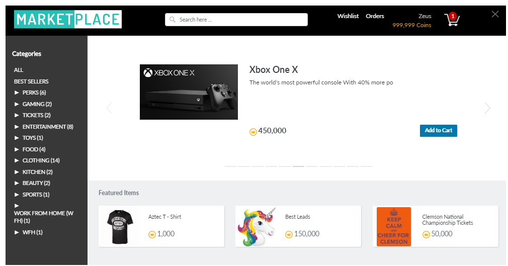 Image of the displayed products to purchase in the Marketplace.