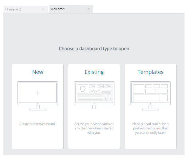 Screenshot of the "Choose a Dashboard Type to Open" page, with options for "New", "Existing", and "Templates".