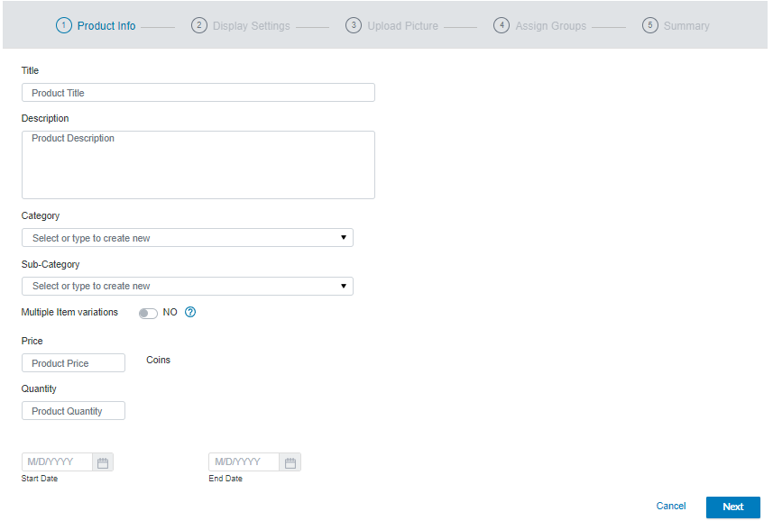 Product Info page for creating new product
