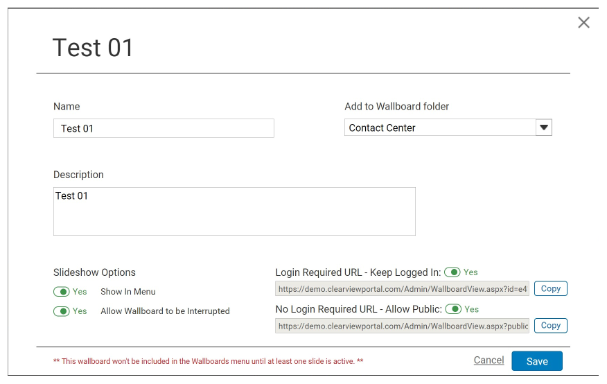 Slideshow options screen for publishing wallboards.