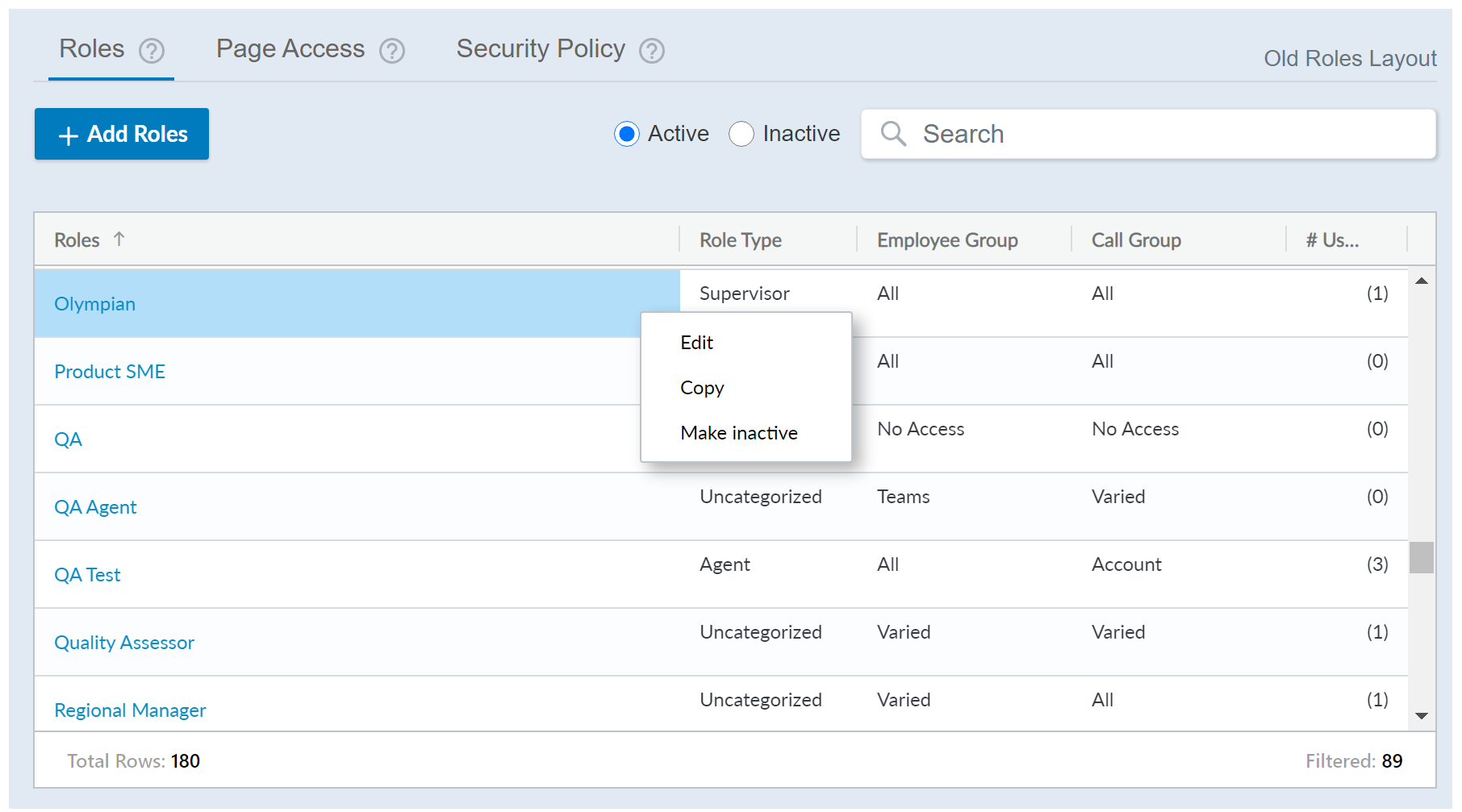 Screenshot of the Roles page.