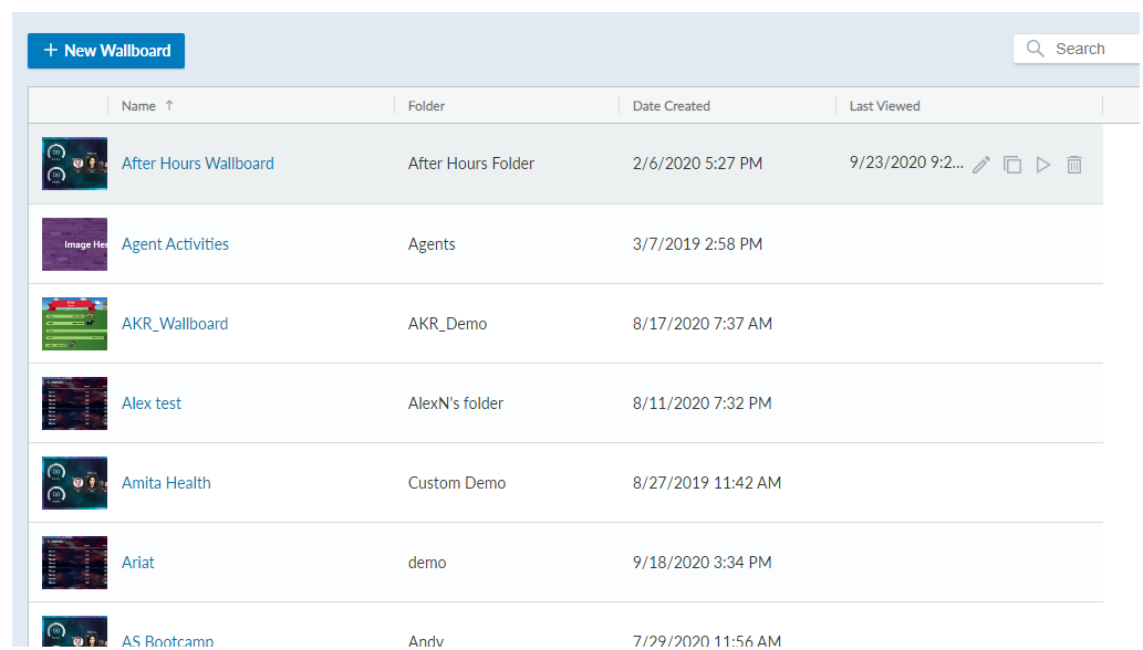 Wallboard Home Page that displays a list of existing wallboards.