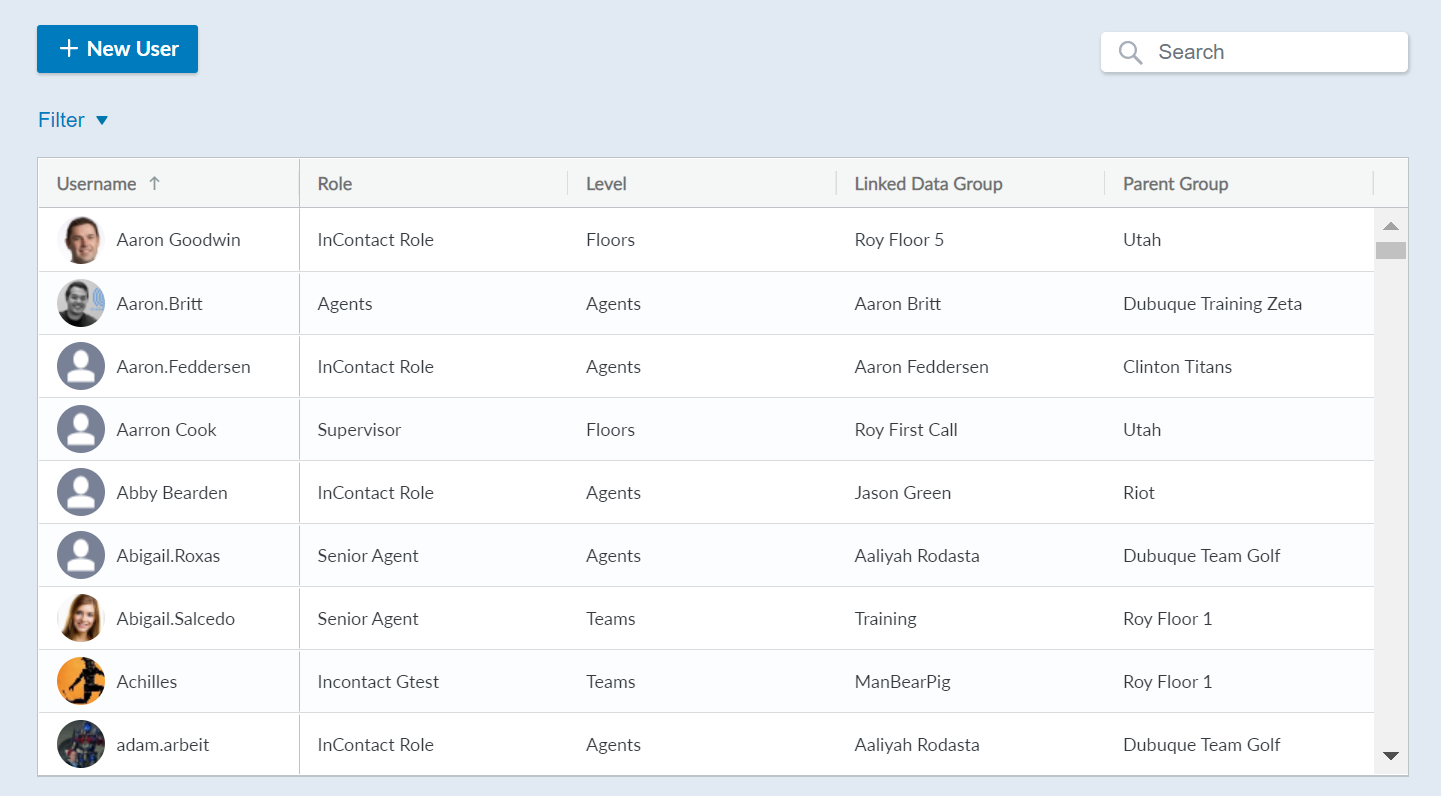 Image of the Users Page in CXone Performance Management.