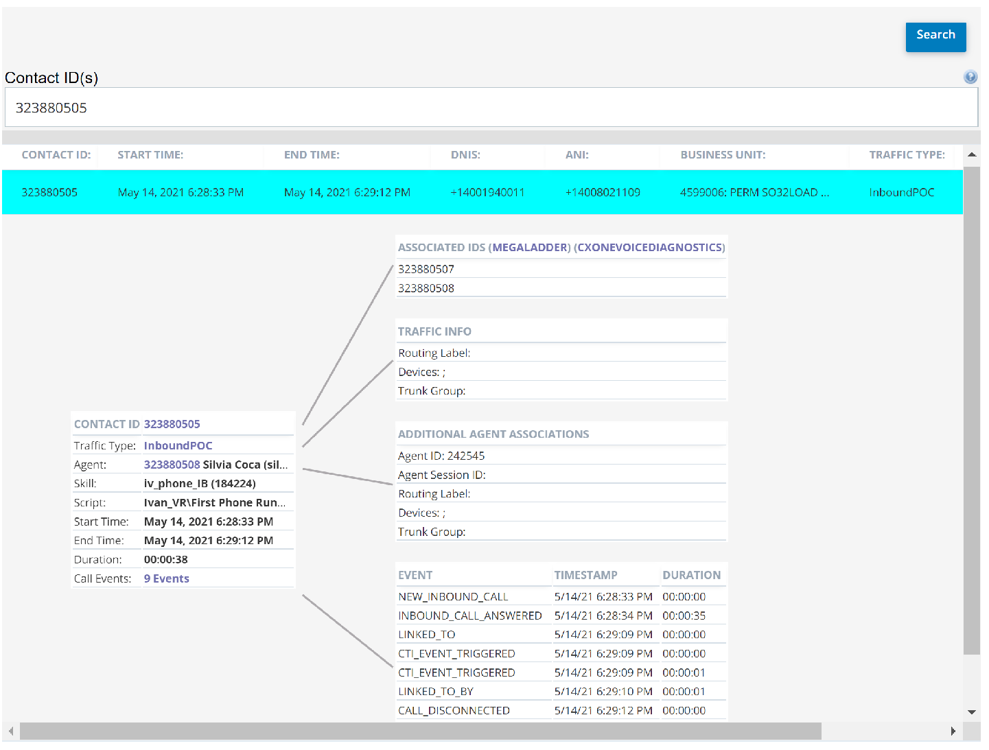 Screenshot showing a basic information table for an interaction and the tables of additional information that branch from the basic table