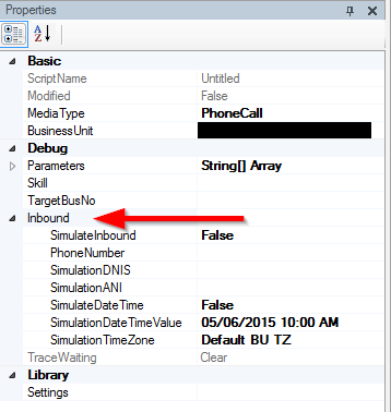 Image of the script properties tab, showing the Inbound parameters section.