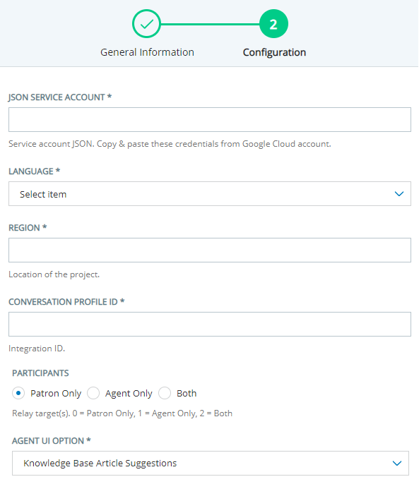 The Configuration page for adding a Google Contact Center AI agent assist bot to Agent Assist Hub.