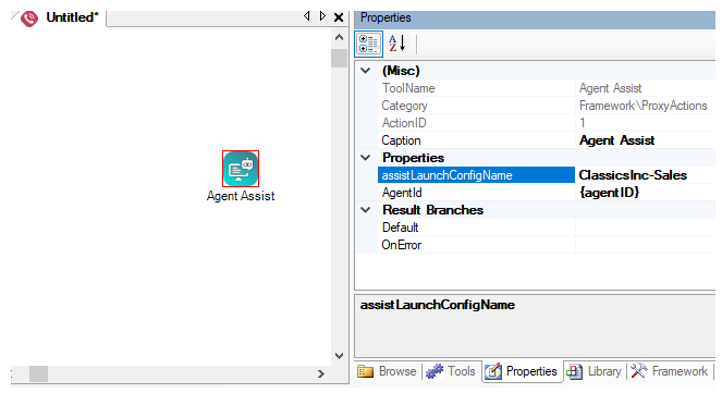 The Agent Assist action in Studio, showing the assistLaunchConfigName property set to a RTIG profile name. 