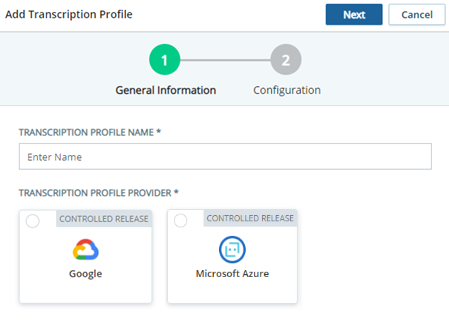 The Add Transcription Profile page, where you can choose a transcription provider for a new profile.