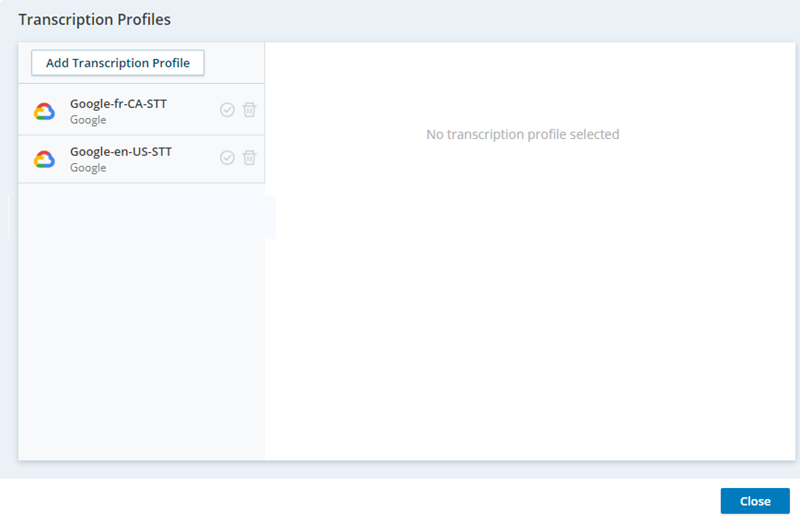 The Transcription Profiles page, where you can add a new profile or manage your existing profiles. 