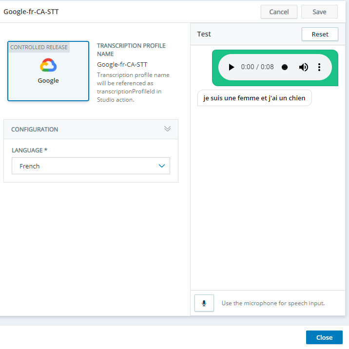 The properties page for a transcription profile, where you can change the language and test the profile. 