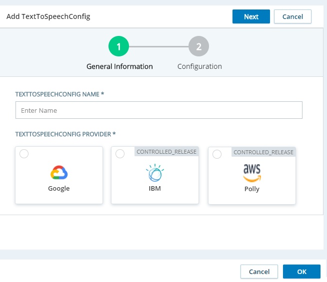 The Add Text to Speech Config page, where you can add a new TTS provider.