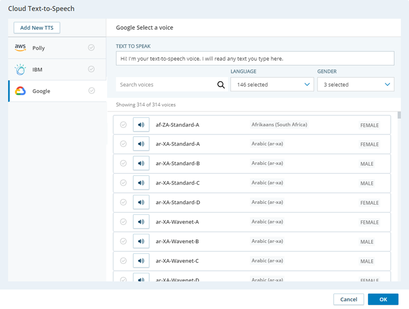 The Select a Voice page, where you can choose a voice from the ones the selected provider offers.