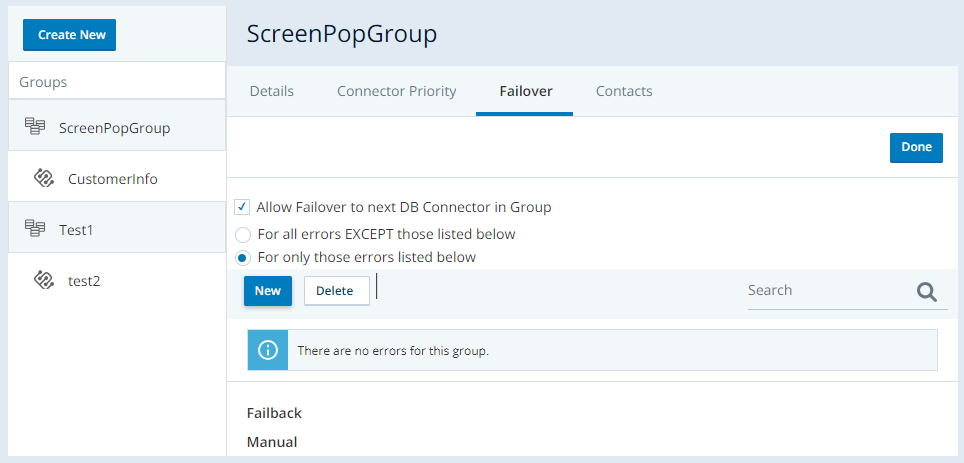 Image of Failover tab in a DB Connector group.