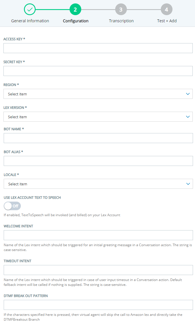 The Configuration page for adding an Amazon Lex bot to Virtual Agent Hub