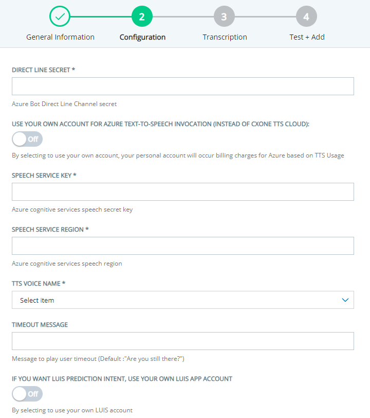 The Configuration page for adding a Microsoft Azure to Virtual Agent Hub