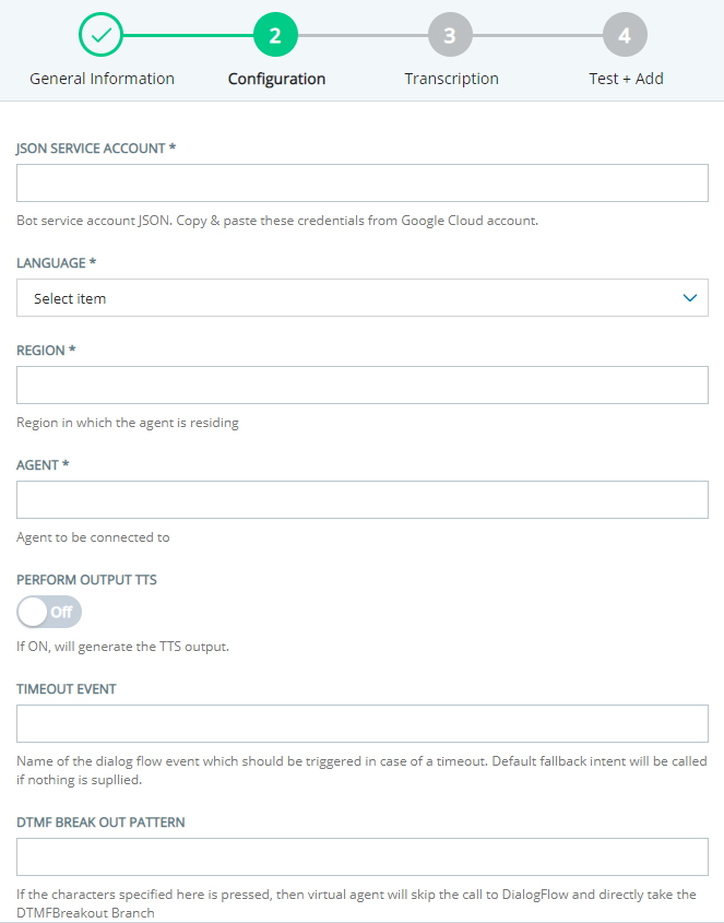 The Configuration page for adding a  Google Dialogflow CX virtual agent to Virtual Agent Hub. 