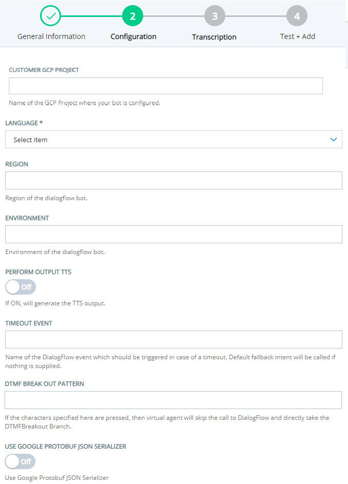 The Configuration page for adding a Google Dialogflow ES virtual agent to Virtual Agent Hub. 