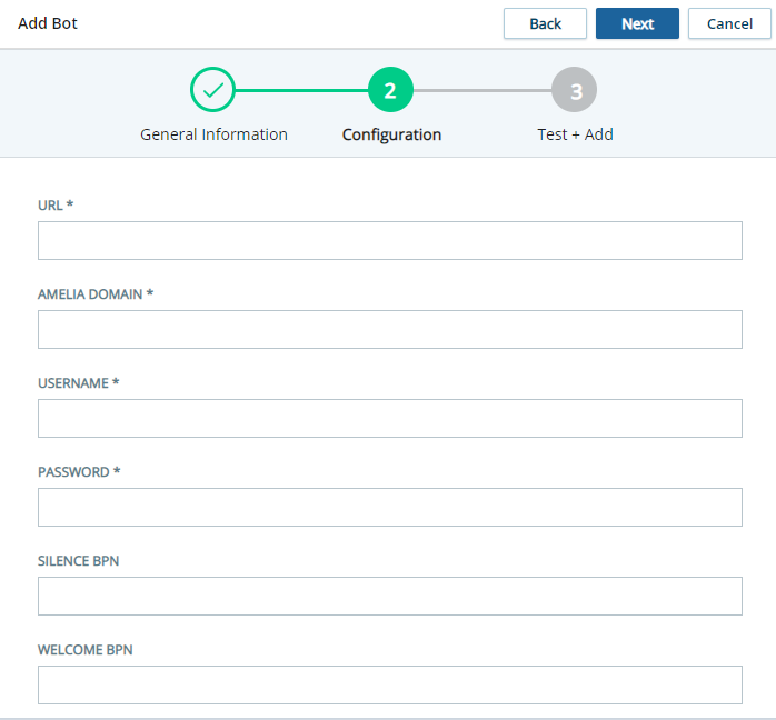 The Configuration page of the Add a Bot wizard, where you enter the information needed to connect to your bot provider.