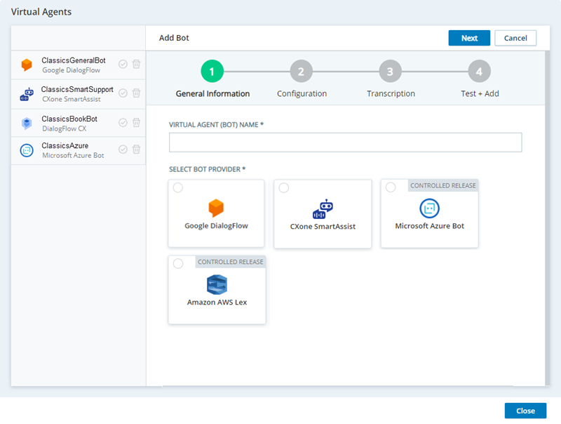 The Add Bot page in Virtual Agent Hub, showing the bots that are available to add. 