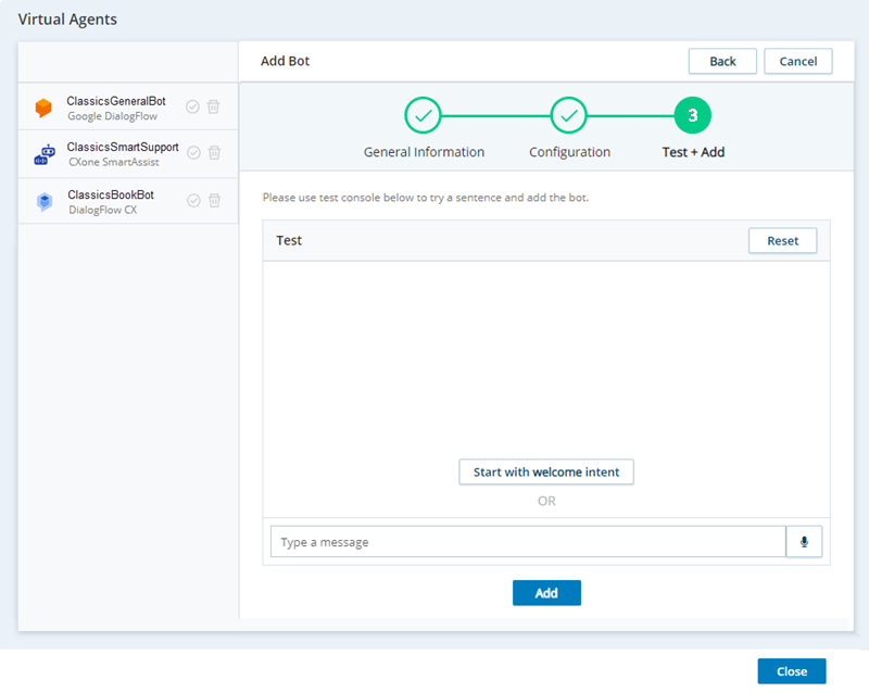 The Test+Add page in the wizard for adding a bot in Virtual Agent Hub.