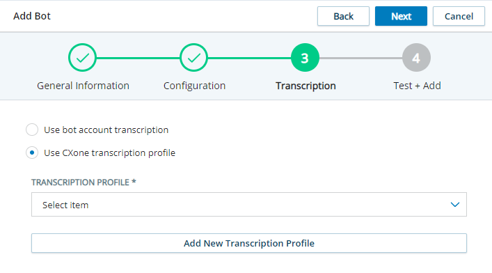 The Transcription page in the wizard for adding a bot in Virtual Agent Hub, with the Use  CXone transcription profile option selected. 
