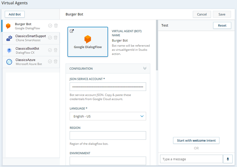 The properties page for a bot in Virtual Agent Hub showing the Test pane on the right side of the page.