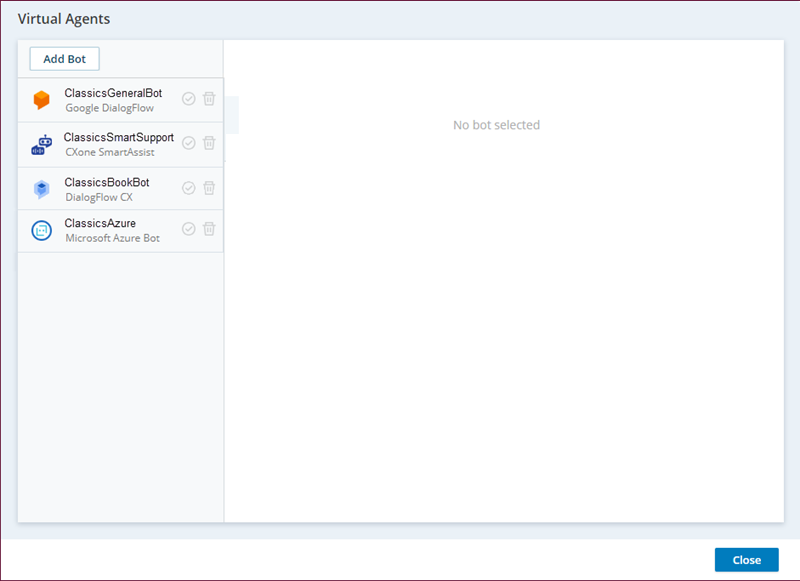The main page of the Virtual Agent Hub where you can assign an existing bot to the current Studio action. 